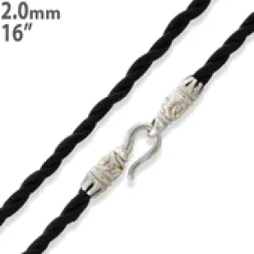 16" Black Twisted Leather Necklace 2mm w/ Sterling Silver Bali Lock