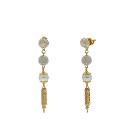 22K Multi Tone Gold Drop Earrings W/ Pearls, Gold Balls & Tassel Accents