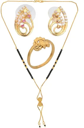 AanyaCentric Gold-plated Jewelry Combo: Elegant Short Mangalsutra, Finger Ring, and American Diamond Earrings Set