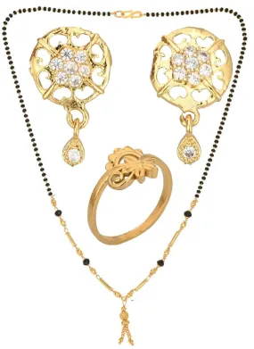 AanyaCentric Gold-plated Jewelry Combo: Elegant Short Mangalsutra, Finger Ring, and American Diamond Earrings Set