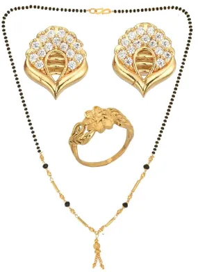 AanyaCentric Gold-plated Jewelry Combo: Elegant Short Mangalsutra, Finger Ring, and American Diamond Earrings Set