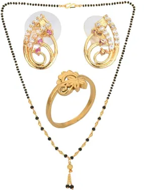 AanyaCentric Gold-plated Jewelry Combo: Elegant Short Mangalsutra, Finger Ring, and American Diamond Earrings Set