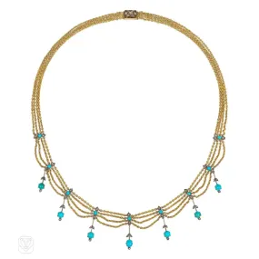 Antique gold, turquoise and diamond festoon necklace