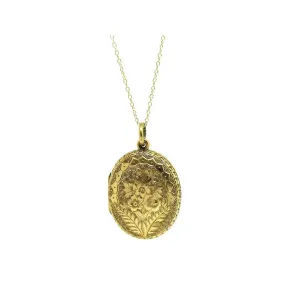 Antique Victorian Floral Engraved 9ct Yellow Gold Locket Necklace