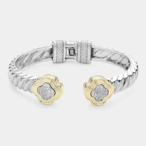 Cubic Zirconia Quatrefoil Tip Hinged Cuff Bracelet