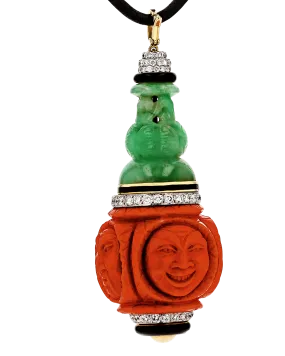 David Webb Carved Jade, Coral and Diamond Pendant